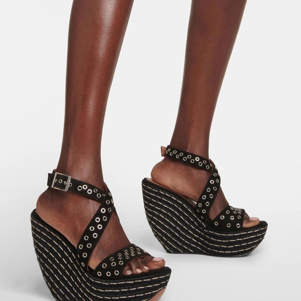 Alaïa Black Suede Eyelet Strap Wedge Sandals